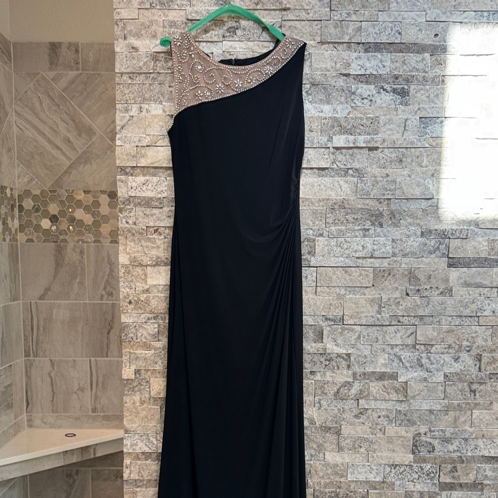 Cachet Black One-Shoulder Dress with Silver Embellishments